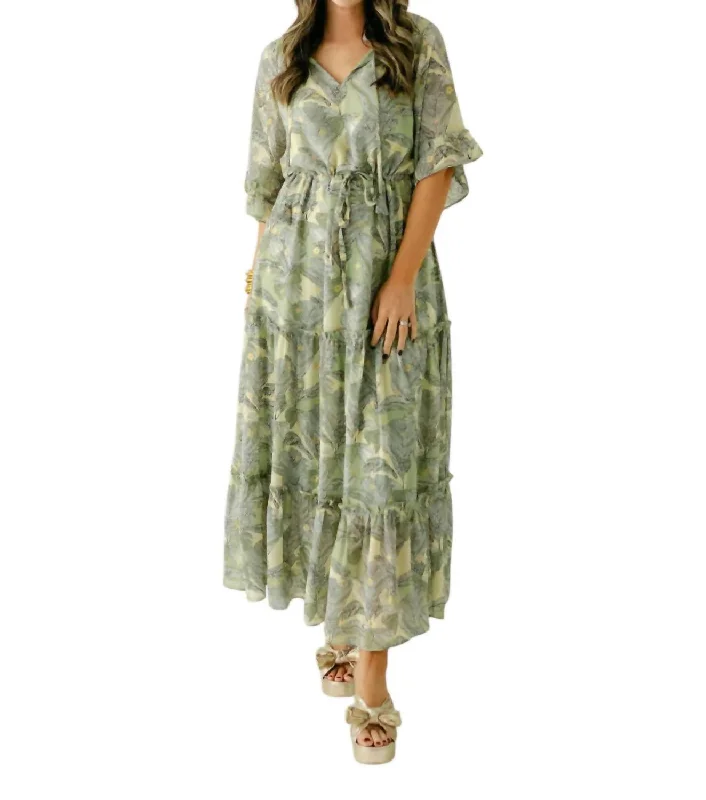 Cinched Waist Maxi Dress In Olive Leaf Romantic Detailing