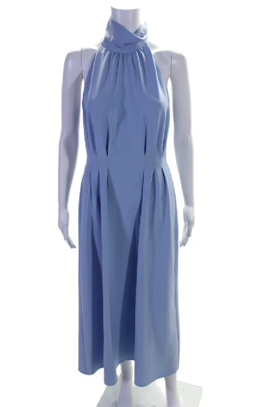 Lela Rose Womens Pleated High Neck Sleeveless Zip Up Maxi Dress Blue Fashion Sale