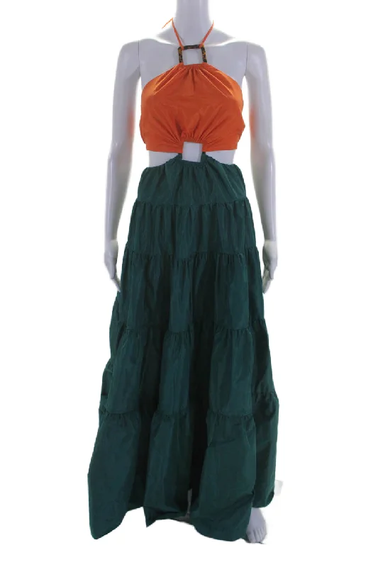 Chic And Edgy Staud Womens Two-Toned Cut Out Sleeveless Halter Maxi Dress Orange Wardrobe Refresh Chic And Edgy Staud Womens Two-Toned Cut Out Sleeveless Halter Maxi Dress Orange Wardrobe Refresh