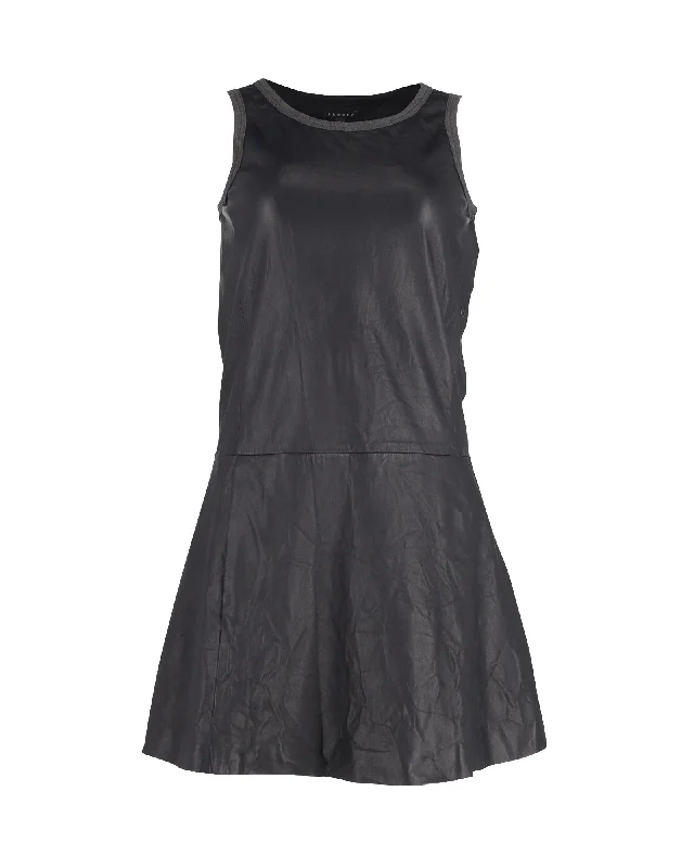 Theory Sleeveless Flared Shift Mini Dress in Black Leather Boho - Chic Festival - Ready Style