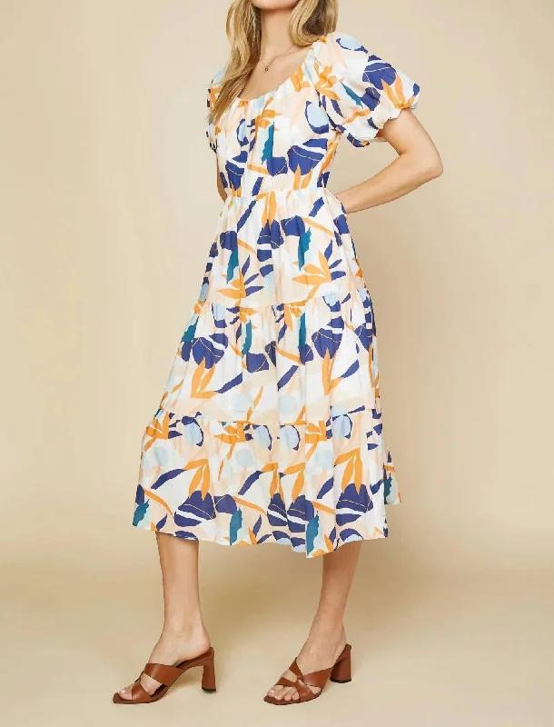 Abstract Botanical Midi Dress In Tangerine Navy Winter Warm - Up Sale