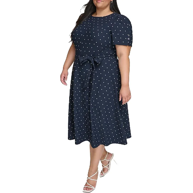 Plus Womens Knit Polka Dot Midi Dress Romantic Detailing