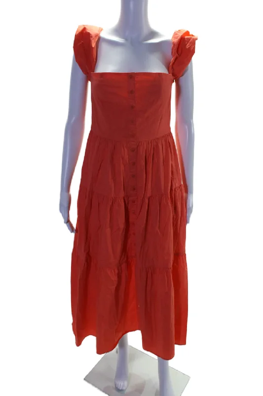 Forward Trendsetter Staud Women's Square Neck Sleeveless Tiered Button Down Maxi Dress Orange Spring Fashion Forward Trendsetter Staud Women's Square Neck Sleeveless Tiered Button Down Maxi Dress Orange Spring Fashion