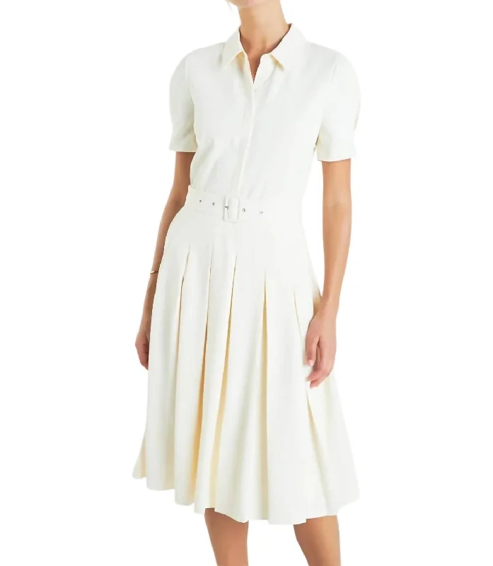 Pleated Collared Midi Dress In Cream Style Upgrade