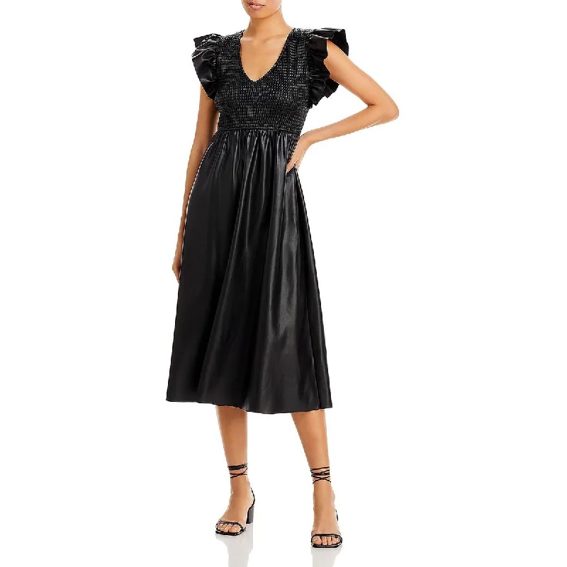 Womens Faux Leather Flutter Sleeve Midi Dress Nordic Minimalist Home Look