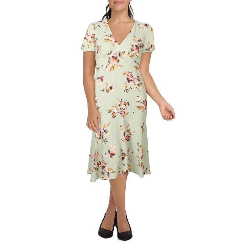 Womens Puff Sleeve V Neck Midi Dress Anniversary Sale