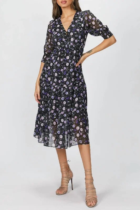 Printed Midi Dress In Black/purple Peony Disco - Inspired Retro Dance Look