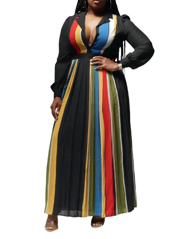 Long Sleeve Maxi Dress In Black Multi Mid - Season Sale