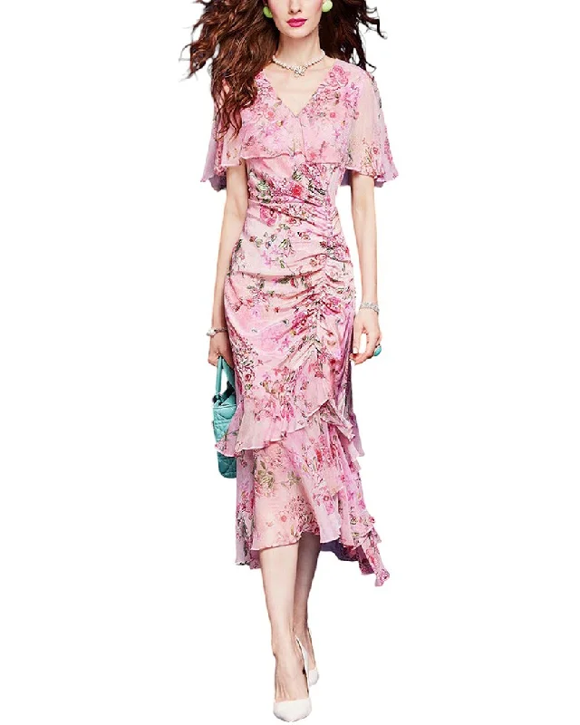 VERA DOLINI Silk Midi Dress Feminine Grace