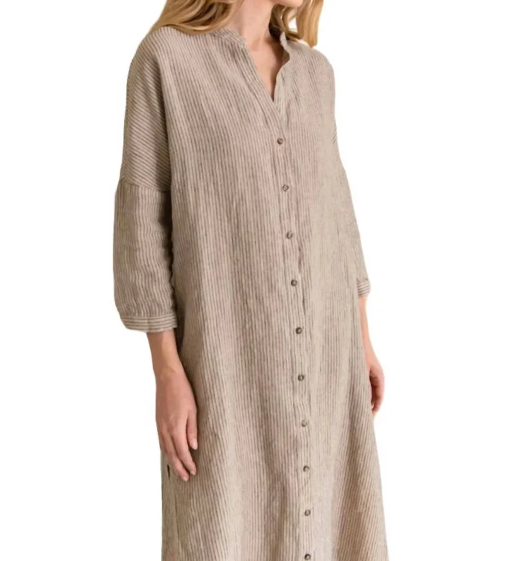 Linen Maxi Dress In Almond Stripes Limited Styles