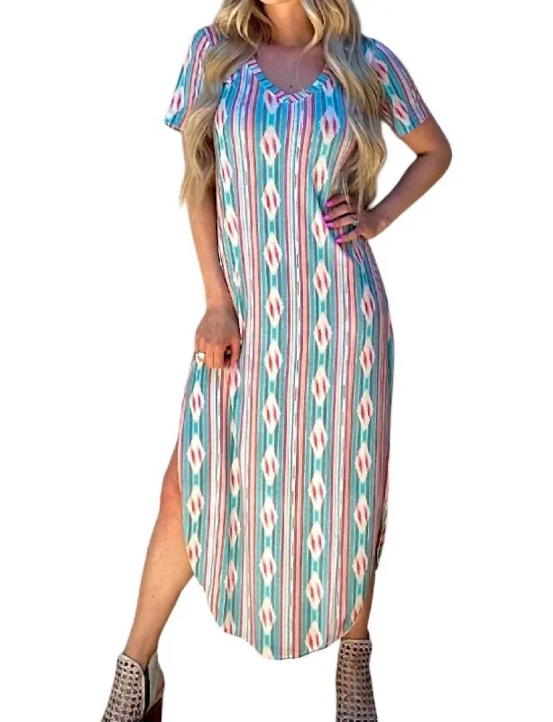 Momma Mia Maxi Dress In Blue Aztec Disco - Inspired Retro Dance Look