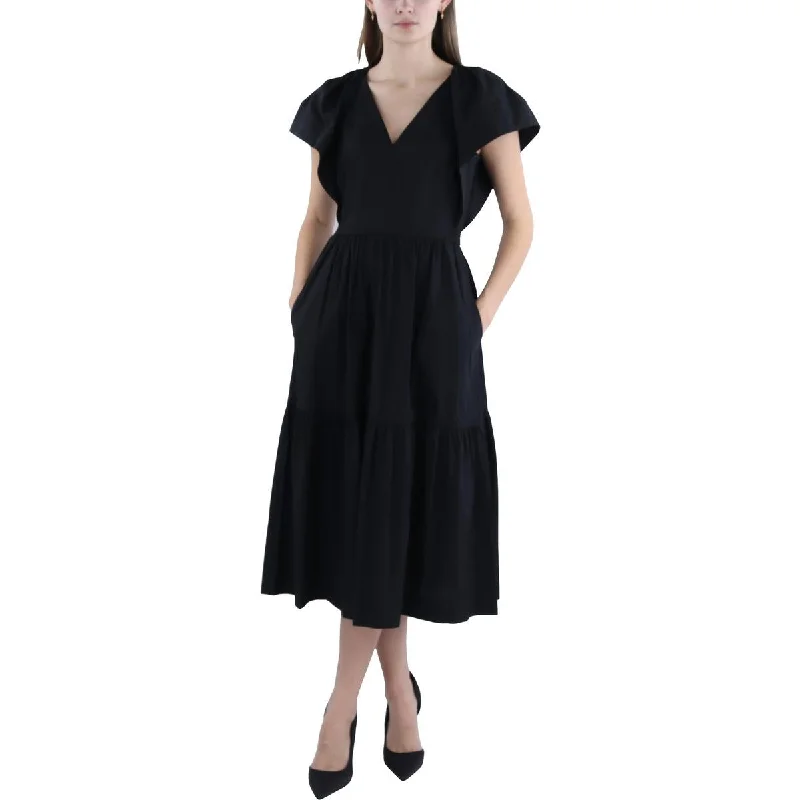 Womens V-Neck Tiered Midi Dress Minimalist Office - Ready Style