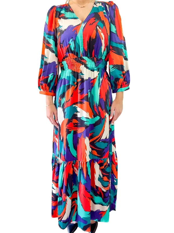 Spice Stroke Maxi Dress In Orange/purple/teal/navy Mid - Season Sale