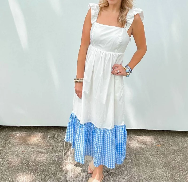 Mejier Midi Dress In White/blue Tropical Island - Inspired Attire