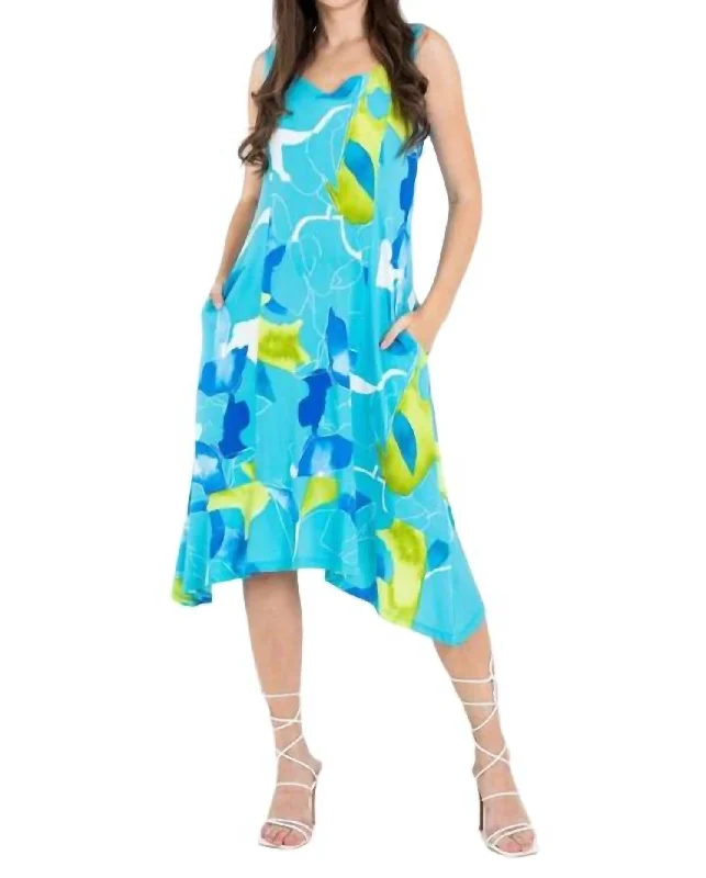 Handkerchief Hem Abstract Pattern Midi Dress In Light Blue Big Savings On Rustic Countryside Styles