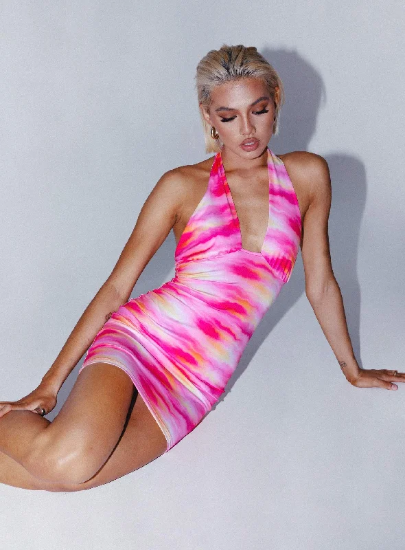 Imogen Sunset Print Mini Dress Pink Mid - Season Sale