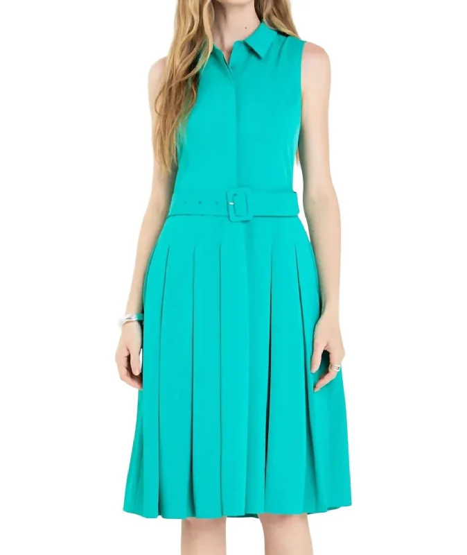 Sleeveless Pleated Midi Dress In Kelly Green Dreamy Draping