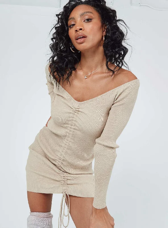 Avanti Long Sleeve Mini Dress Beige Fashion-Forward Style