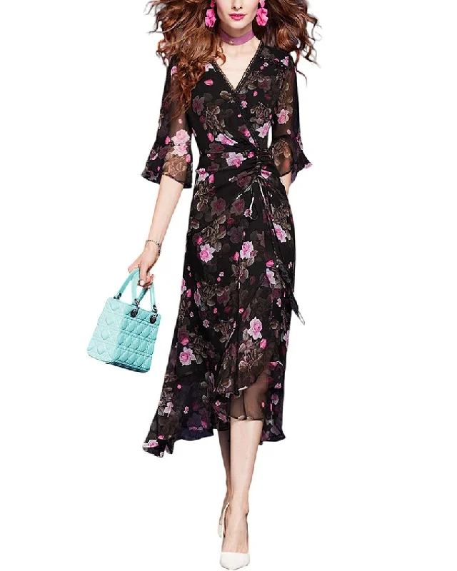 VERA DOLINI Silk Midi Dress Romantic Detailing