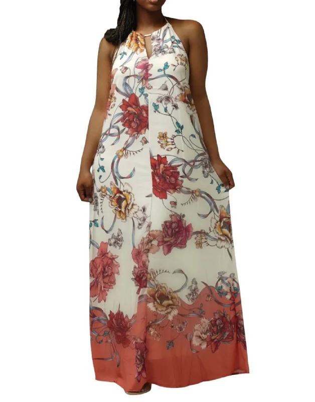 Halter Maxi Dress In Ivory Multi Romantic Date - Night Ensemble