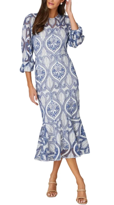 Adella Midi Dress In Ivory/sea Blue Holiday Sale