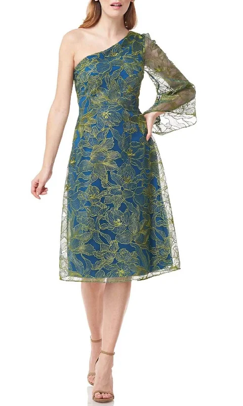 Lulu One Shoulder Midi Dress In Blue,green Feminine Grace