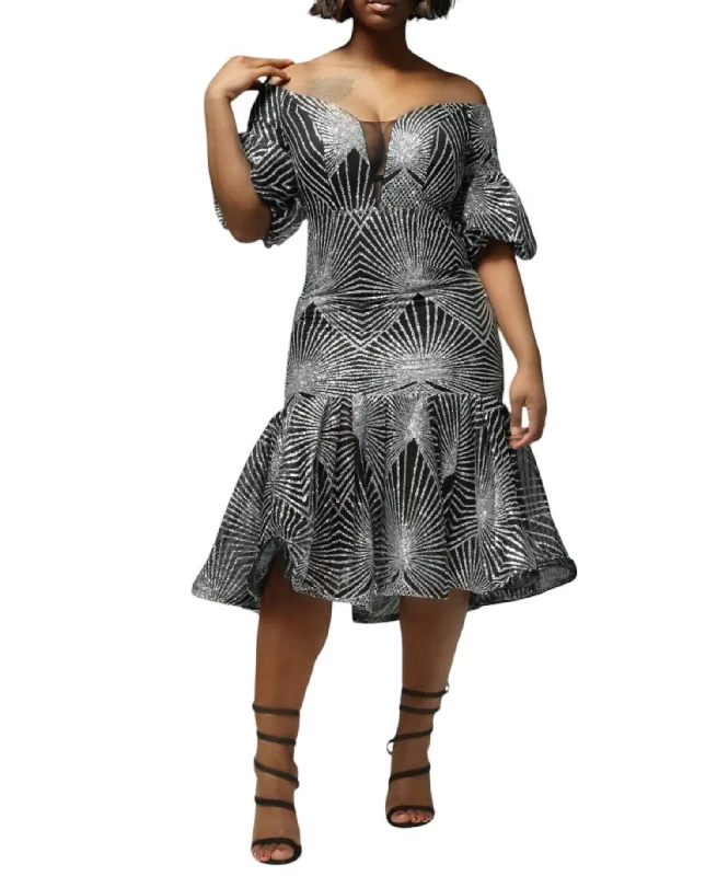 Off The Shoulder Midi Dress In Silver & Black Save On Inspired Styles