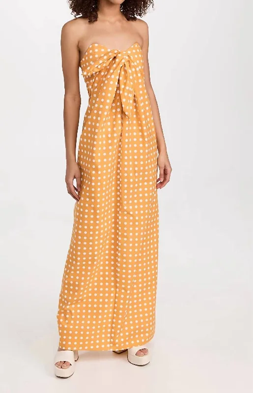 Kaia Polka Dot Strapless Maxi Dress In Mustard Chic Allure