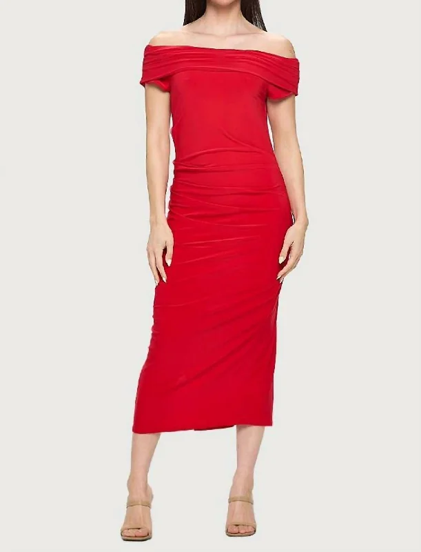 Boat Neck Maxi Dress With Side Slit In Red Wardrobe Essentials