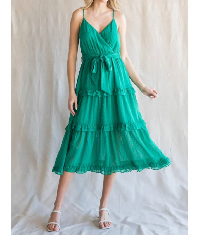 Chiffon Swiss Dot Surplice Midi Dress In Emerald Green Boho - Chic Festival - Ready Style