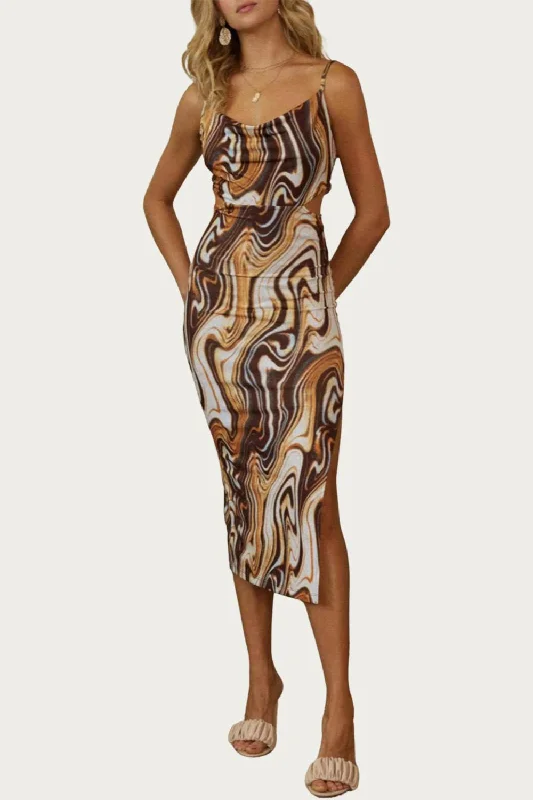 Marble-Print Cowl Stretch-Jersey Cutout Midi Dress In Rust/brown Today Only