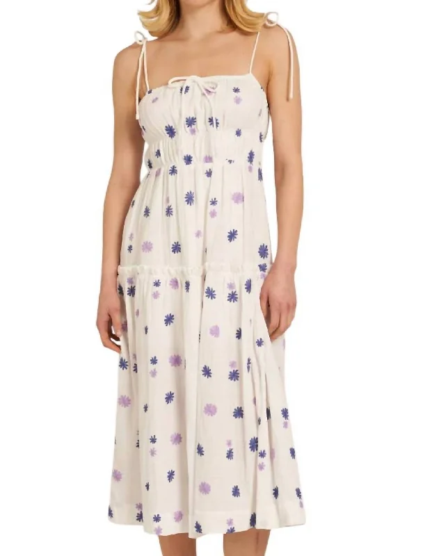 Spaghetti Strap Midi Dress With Embroidered Flower Detail In White/navy/lavender Minimalist Office - Ready Style