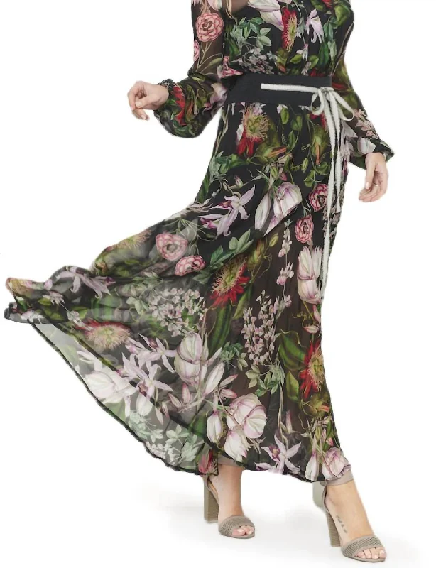 Botanical Long Sleeve Maxi Dress In Black Multi Rustic Countryside Charm Look