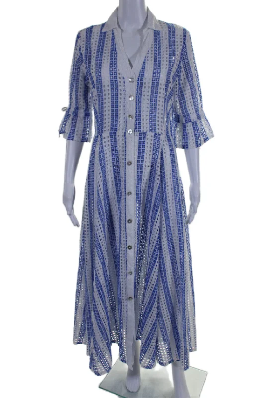 Theodora Womens Button Front Embroidered Striped Maxi Dress White Blue Large Huge Savings On Parisian Styles