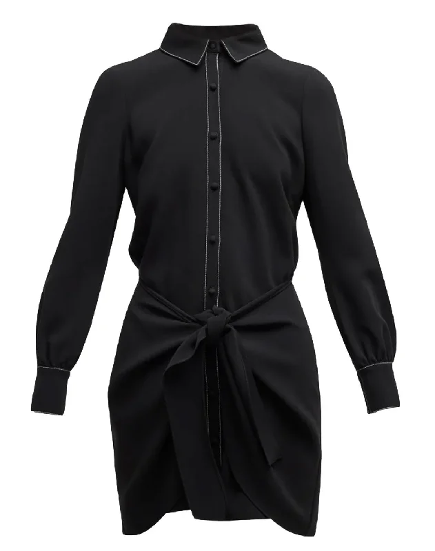 Cinq A Sept Gaby Tie-Waist Topstitched Solid Black Crepe Mini Dress, 2 Hollywood Glam Award - Show Style