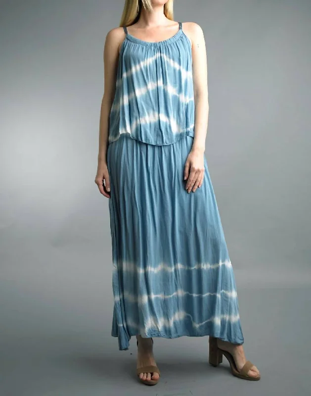 Dip Dyed Maxi Dress With Added Swing Top In Blue Dreamy Draping