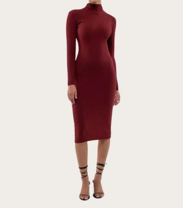 Rib Knit Midi Dress In Wine Casual Weekend Relaxed Style