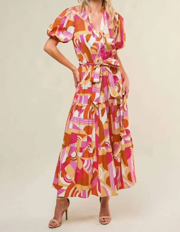 Trend Forward Threads Clementine Printed Poplin Puff Sleeve Maxi Dress In Camel/pink Sophisticated Cut Trend Forward Threads Clementine Printed Poplin Puff Sleeve Maxi Dress In Camel/pink Sophisticated Cut