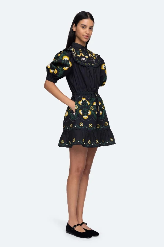 SEA NY Women Perle Print Puff Sleeve Pleated Ruffled Mini Dress Black Nordic Minimalist Home Look