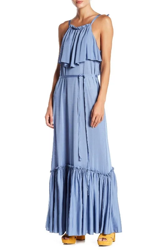 Coco Ruffle Sleeveless Strappy Popover Maxi Dress In Blue Limited - Time Bundle