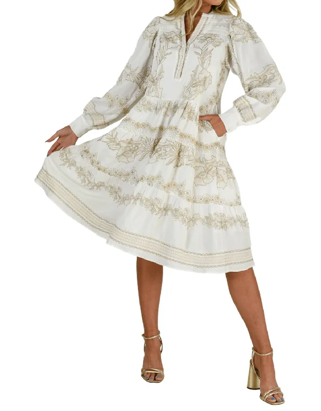 Janina Embroidered Midi Dress In White/gold Flash Deals