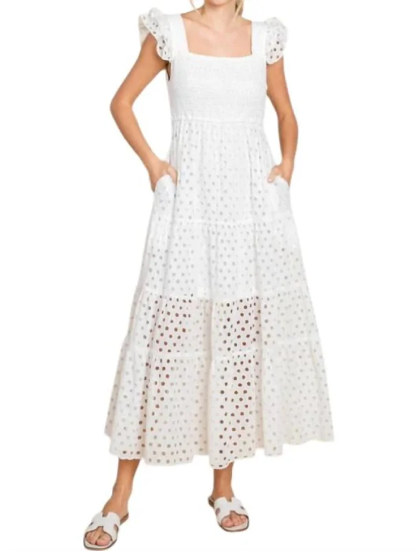 Eyelet Maxi Dress In White Lightweight Fabric