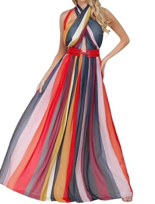 Stripe Halter Maxi Dress In Multicolored Chic Allure