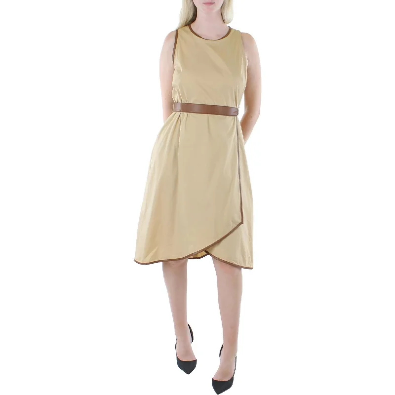 Womens Faux Leather Trim Sleeveless Midi Dress Chic Style