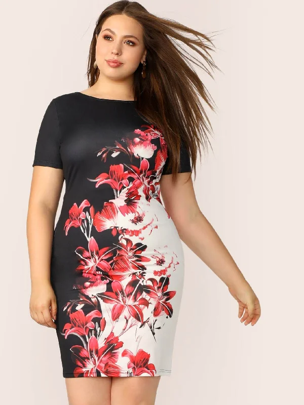 Plus Botanical Print Bodycon Dress Spring Fashion