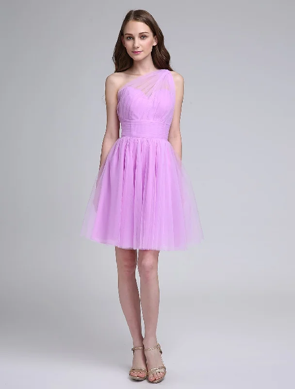 A-Line Bridesmaid Dress One Shoulder Sleeveless Knee Length Tulle with Ruched / Side Draping Clearance Event