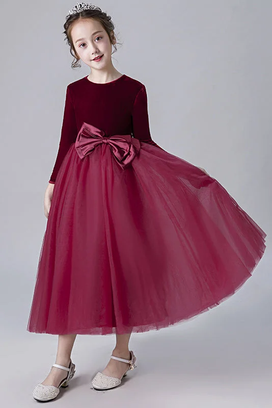 A Line Burgundy Long Sleeves Tulle Flower Girl Dress Feminine Soft - Hued Styles