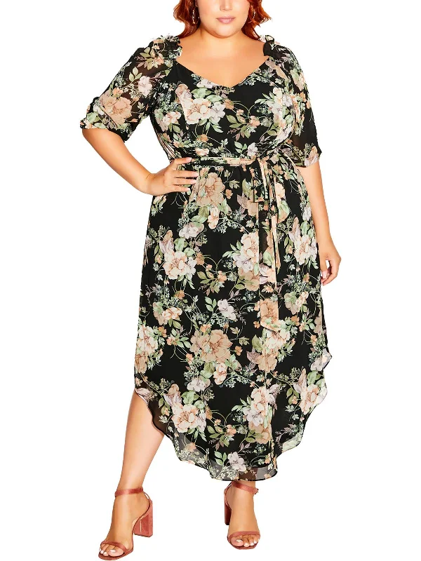 Plus Womens Floral Print Polyester Midi Dress Contemporary Elegance