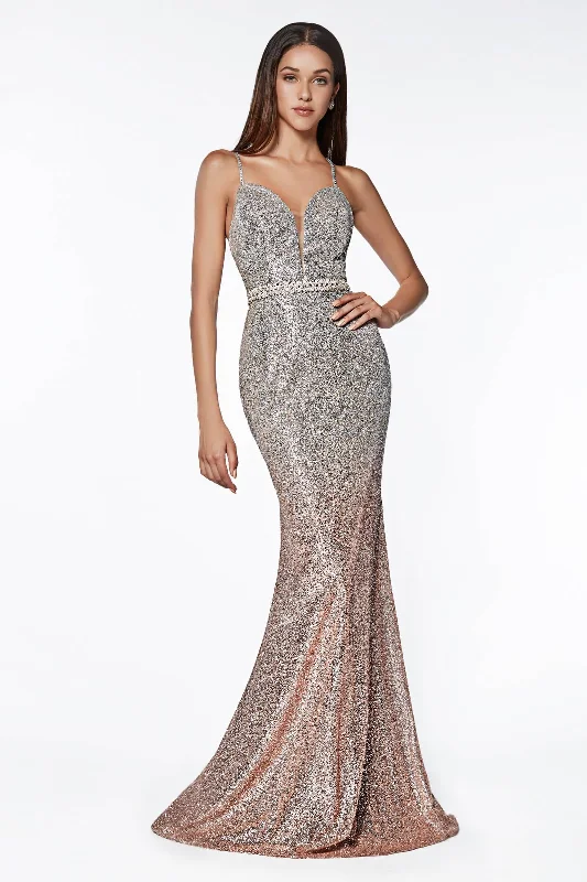 Cinderella Divine CJ509 Long Glitter Metallic Prom Gown Limited Quantities