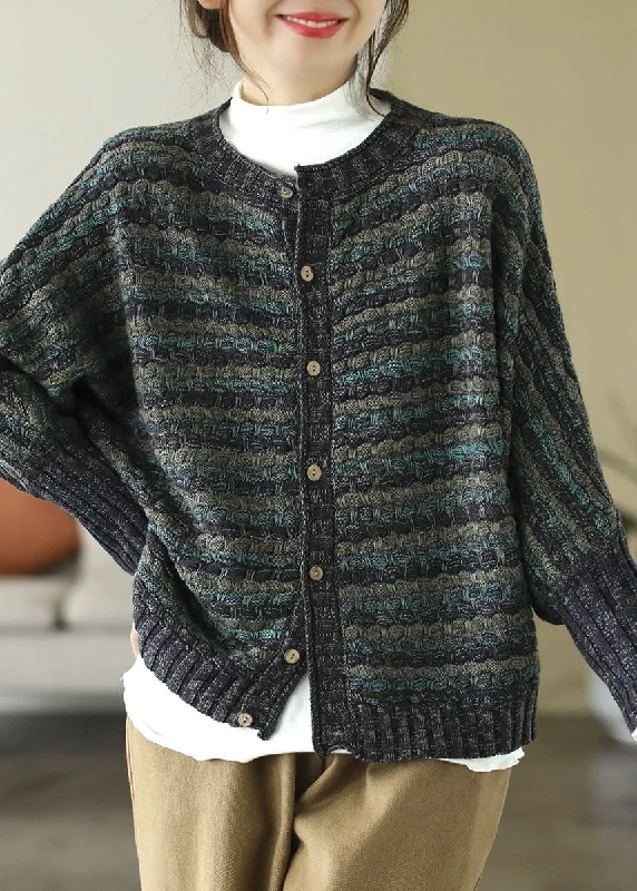 Fine Green O-Neck Print Button Cotton Knit Sweaters Coats Long Sleeve Mid - Week Surprise